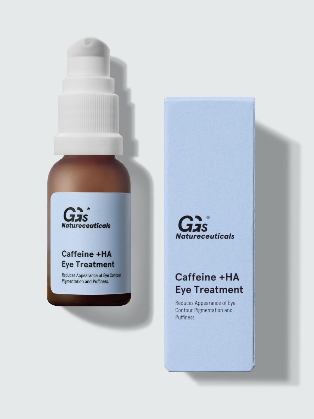 Caffeine + HA Eye Treatment Produktflasche mit Produktkarton vor hellem Hintergrund