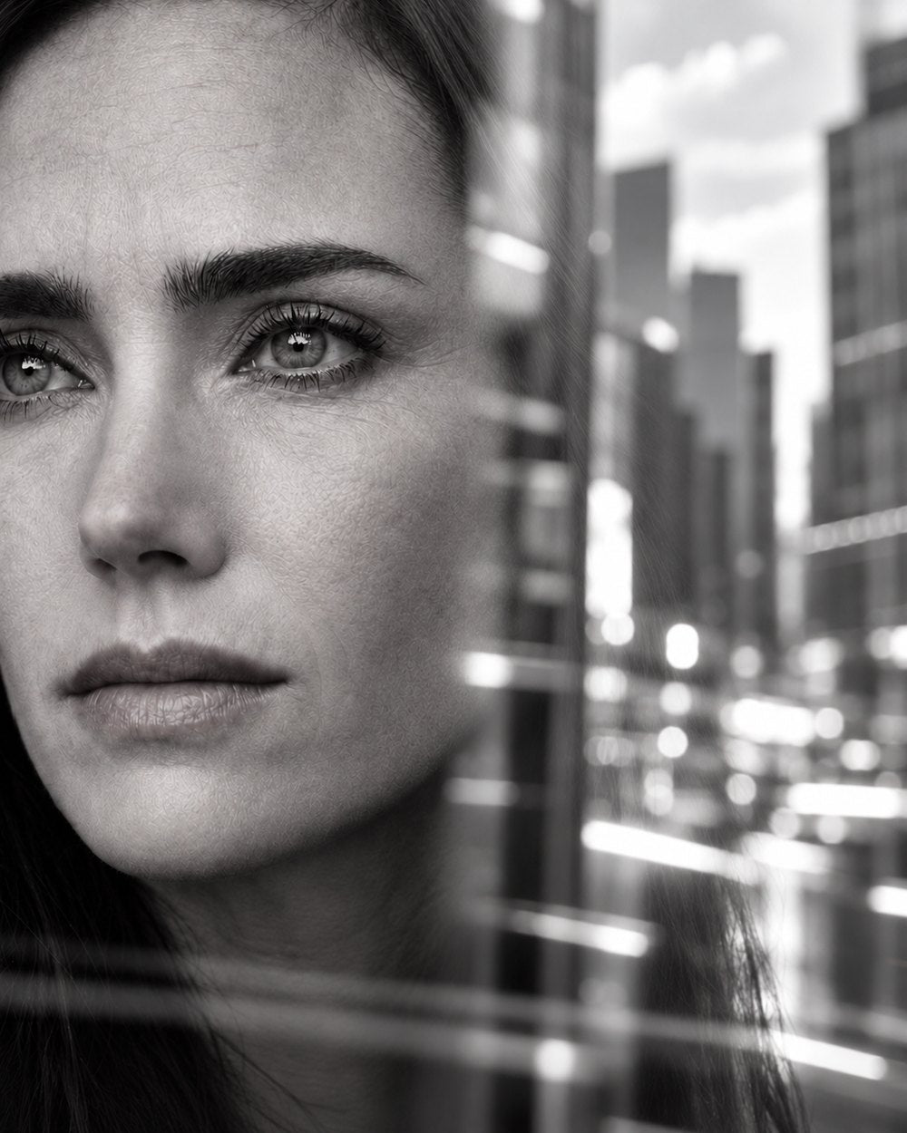 Porträt einer Frau hinter einer Glasscheibe, in der sich die Stadt spiegelt